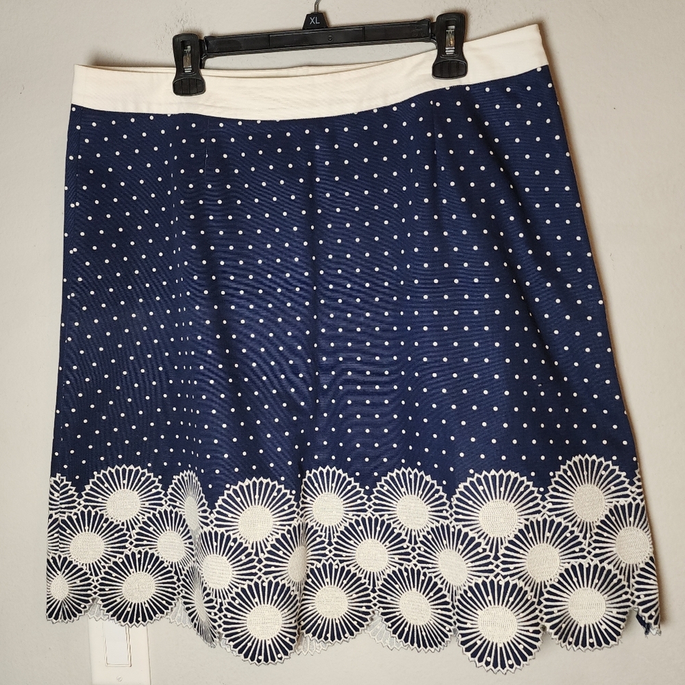 Boden 14L Embroidered Hem Cotton Twill Blue White Polka Dot Knee Length Skirt